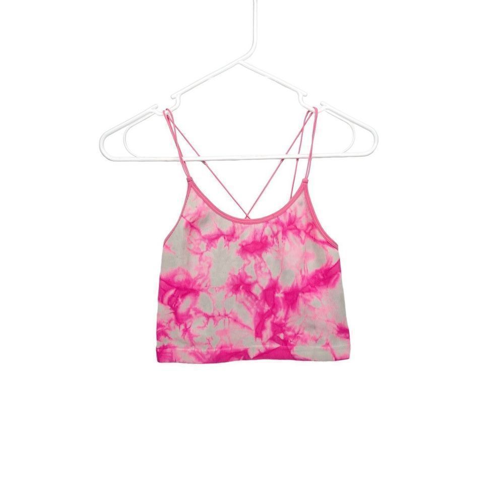 No Boundaries Pink Crop Top Large Neon Pink Tie Dye Ribbed Stretchy Strappy Back